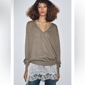 ZARA COMBINED KNIT SWEATER W LACE TRIM SLIP NWT M / Beige